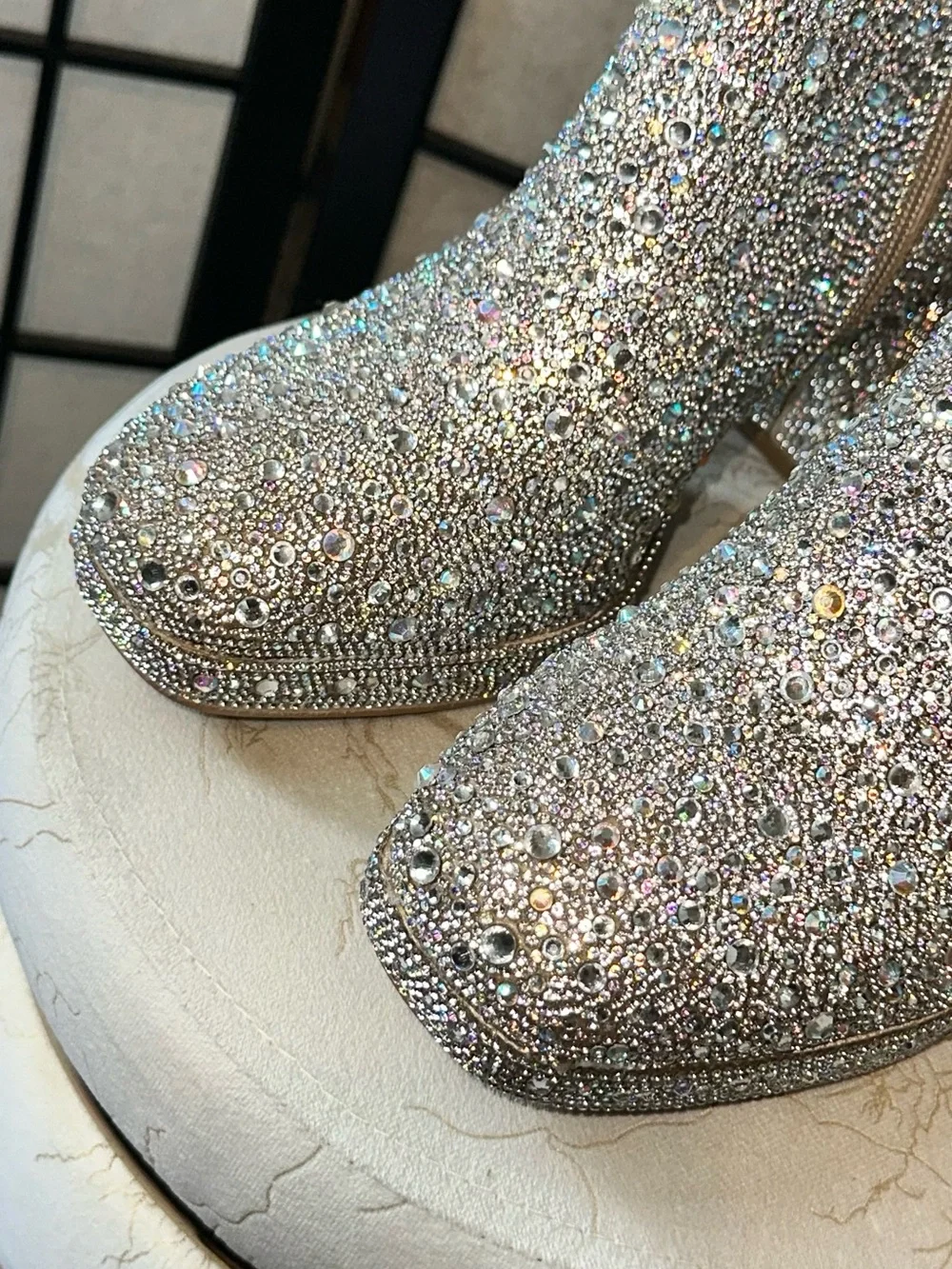 Rhinestone Embellished Silver Block Heel Boots